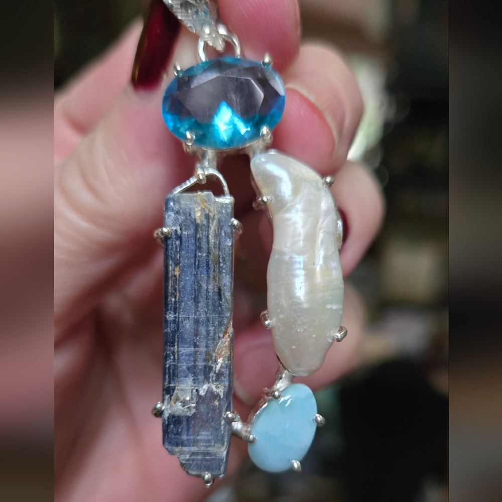 Topaz kyanite pearl & larimar sterling silver pendant - Picture 3 of 8